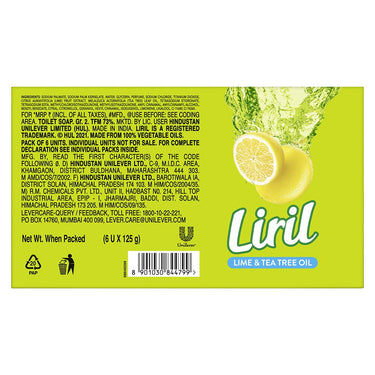 Liril Lemon & Tea Tree Natural Bathing Soap for Body 125 g (Combo Pack of 6) Refreshing Bath Soap Bar for Men & Women - Sulphate Free|| Paraben Free
